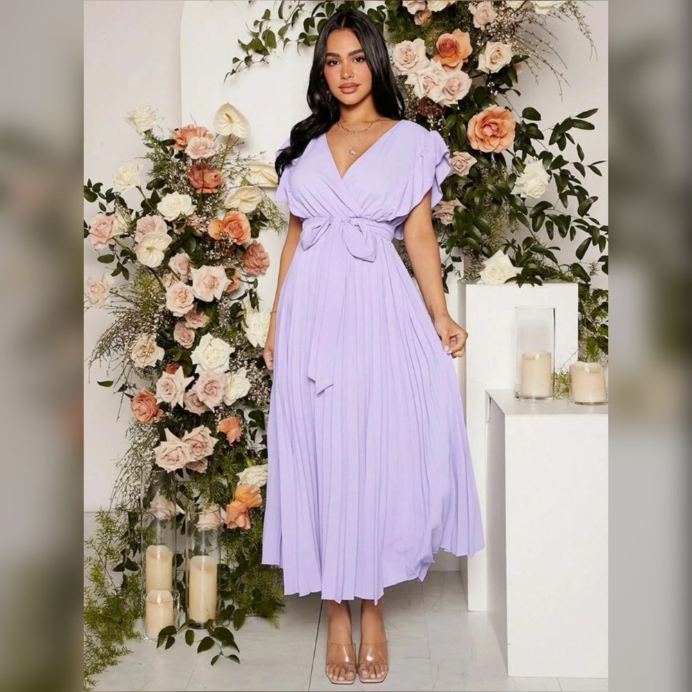 SHEIN Maternity Surplice Neck Pleated Hem Belted Dress XXL